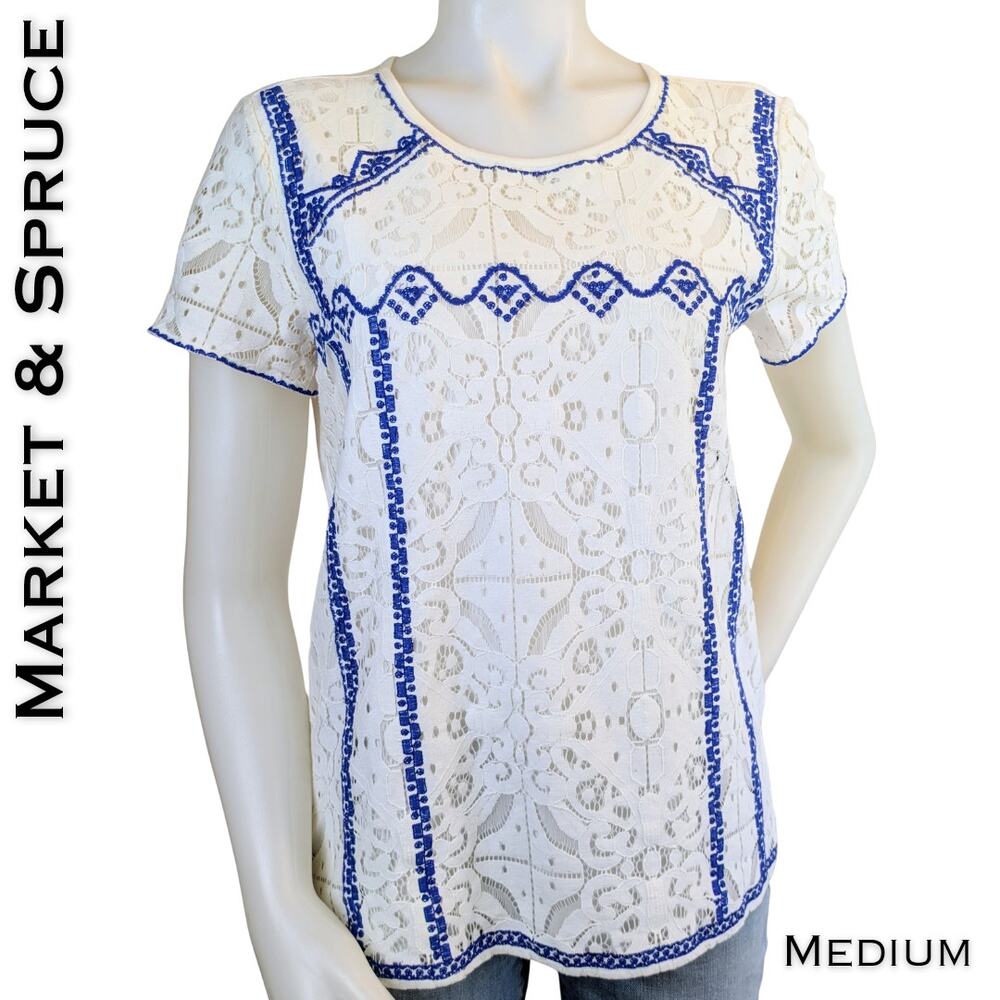 Market Spruce Top Medium White Blue Lace Overlay Boho Embroidered Short Sleeve